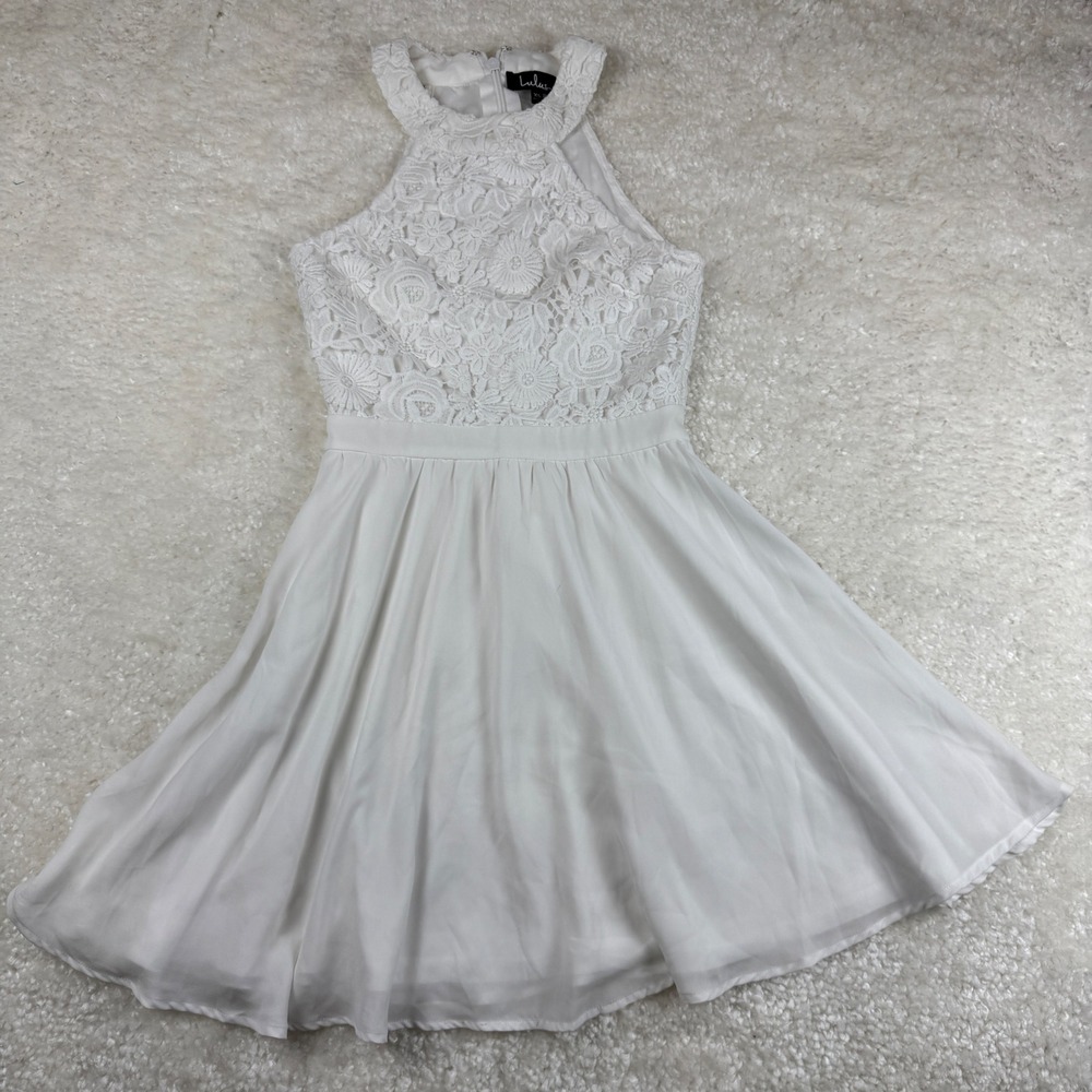 Lulus Lace Halter Mini Dress Womens XS White Floral Cocktail Bridal 66451